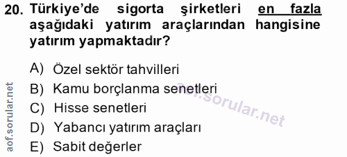 20. soru: Türkiye'de sigorta şirketleri en fazla aşağıdaki yatırım araçlarından hangisine yatırım yapmaktadır? A) Özel sektör t…