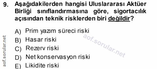 9. soru: Aşağıdakilerden hangisi Uluslararası Aktüer Birliği sınıflandırmasına göre, sigortacılık açısından teknik risklerden…