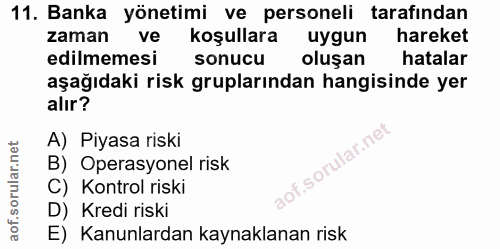11. soru: Banka yönetimi ve personeli tarafından zaman ve koşullara uygun hareket edilmemesi sonucu oluşan hatalar aşağıdaki ri…