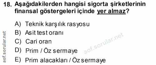 18. soru: Aşağıdakilerden hangisi sigorta şirketlerinin finansal göstergeleri içinde yer almaz? A) Teknik karşılık ras yosu B)…