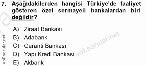 7. soru: Aşağıdakilerden hangisi Türkiye'de faaliyet gösteren özel sermayeli bankalardan biri değildir? A) Ziraat Bankası B) A…