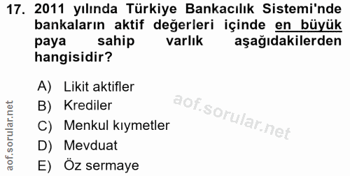 17. soru: 2011 yılında Türkiye Bankacılık Sistemi'nde bankaların aktif değerleri içinde en büyük paya sahip varlık aşağıdakiler…