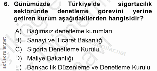 6. soru: Günümüzde Türkiye'de sigortacılık sektöründe denetleme görevini yerine getiren kurum aşağıdakilerden hangisidir? A) B…
