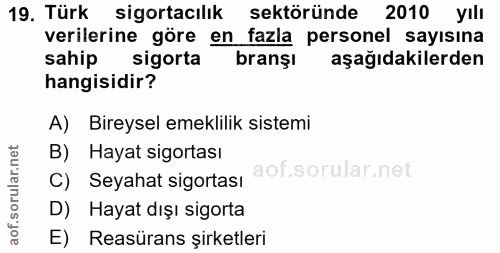 19. soru: Türk sigortacılık sektöründe 2010 yıll verilerine göre en fazla personel sayısına sahip sigorta branşı aşağıdakilerde…