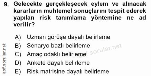 9. soru: Gelecekte gerçekleşecek eylem ve alınacak kararların muhtemel sonuçlarını tespit ederek yapılan risk tanımlama yöntem…