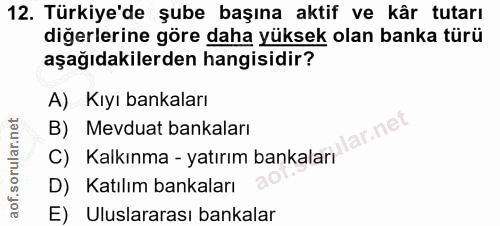 12. soru: Türkiye'de şube başına aktif ve kâr tutarı diğerlerine göre daha yüksek olan banka türü aşağıdakilerden hangisidir? A…