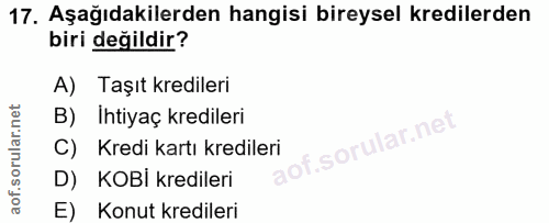 17. soru: Aşağıdakilerden hangisi bireysel kredilerden biri değildir? A) Taşıt kredileri B) Ihtiyaç kredileri Ilar.net C) Kredi…