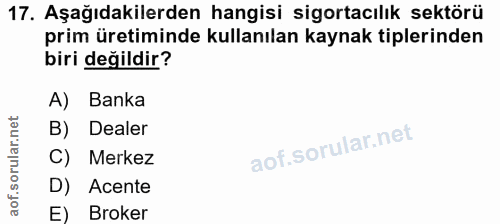 17. soru: Aşağıdakilerden hangisi sigortacılık sektörü prim üretiminde kullanılan kaynak tiplerinden biri değildir? A) Banka B)…