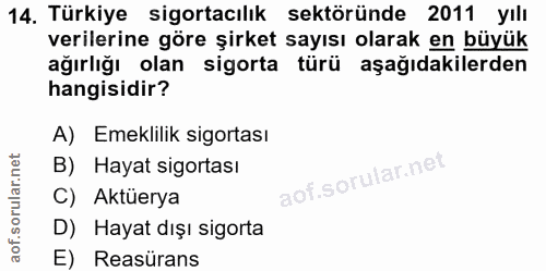 14. soru: Türkiye sigortacılık sektöründe 2011 yılı verilerine göre şirket sayısı olarak en büyük ağırlığı olan sigorta türü aş…