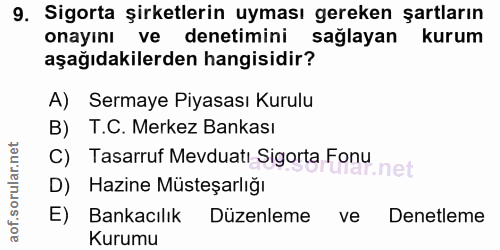 9. soru: Sigorta şirketlerin uyması gereken şartların onayını ve denetimini sağlayan kurum aşağıdakilerden hangisidir? A) Serm…