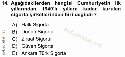 14. soru: Aşağıdakilerden hangisi Cumhuriyetin ilk yıllarından 1940'lı yıllara kadar kurulan sigorta şirketlerinden biri değild…