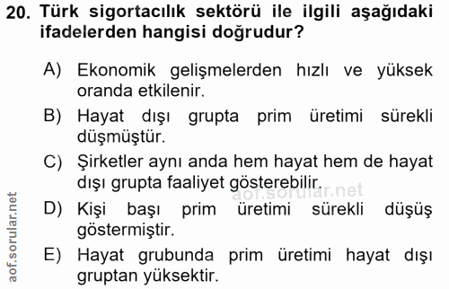 20. soru: Türk sigortacılık sektörü ile ilgili aşağıdaki ifadelerden hangisi doğrudur? A) Ekonomik gelişmelerden hızlı ve yükse…