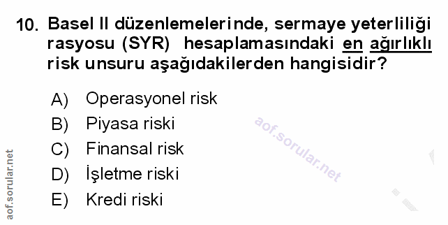 10. soru: Basel Il düzenlemelerinde, sermaye yeterliliği rasyosu (SYR) hesaplamasındaki en ağırlıklı risk unsuru aşağıdakilerde…