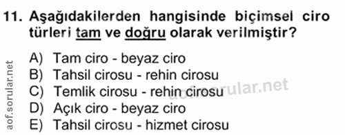 11. soru: Aşağıdakilerden hangisinde biçimsel ciro türleri tam ve doğru olarak verilmiştir? A) Tam ciro - beyaz ciro C) Temlik…