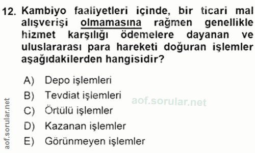 12. soru: Kambiyo faaliyetleri içinde, bir ticari mal alışverişi olmamasına rağmen genellikle hizmet karşılığı ödemelere dayana…