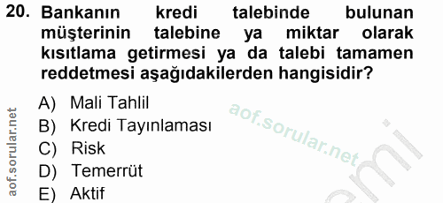 20. soru: Bankanın kredi talebinde bulunan müşterinin talebine ya miktar olarak kısıtlama getirmesi ya da talebi tamamen reddet…
