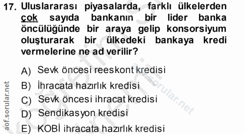 17. soru: Uluslararası piyasalarda, farklı ülkelerden çok sayıda bankanın bir lider banka öncülüğünde bir araya gelip konsorsiy…