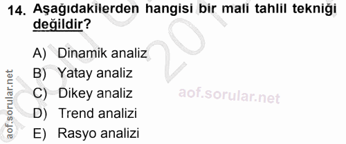 14. soru: Aşağıdakilerden hangisi bir mali tahlil tekniği değildir? A) Dinamik analiz B) Yatay analiz C) Dikey analiz D) Trend…