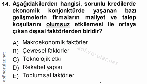 14. soru: Aşağıdakilerden hangisi, sorunlu kredilerde ekonomik konjonktürde yaşanan bazı gelişmelerin firmaların maliyet ve tal…