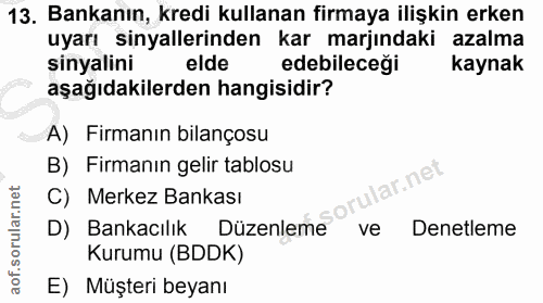 13. soru: Bankanın, kredi kullanan firmaya ilişkin erken uyarı sinyallerinden kar marjındaki azalma sinyalini elde edebileceği…