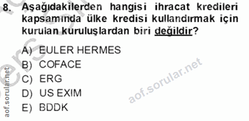 8. soru: Aşağıdakilerden hangisi ihracat kredileri kapsaminda ülke kredisi kullandırmak için kurulan küruluşlardan biri değild…