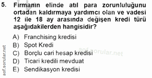 5. soru: Firmanin elinde atıl para zorunluluğunu ortadan kaldırmaya yardımcı olan ve vadesi 12 ile 18 ay arasında değişen kred…