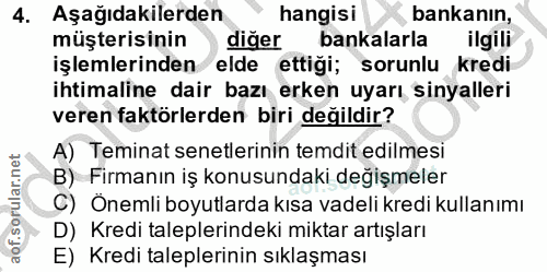 4. soru: Aşağıdakilerden hangisi bankanın, müşterisinin diğer bankalarla ilgili işlemlerinden elde ettiği; sorunlu kredi ihtim…