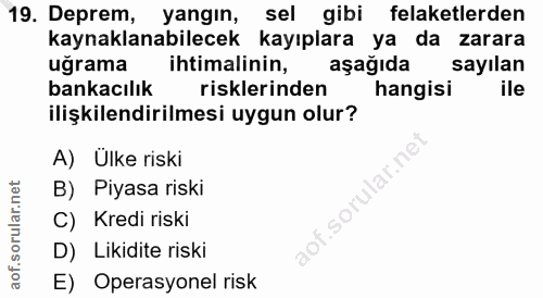 19. soru: Deprem, yangın, sel gibi felaketlerden kaynaklanabilecek kayıplara ya da zarara uğrama ihtimalinin, aşağıda sayılan b…