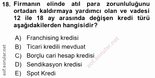 18. soru: Firmanın elinde atıl para zorunluluğunu ortadan kaldırmaya yardımcı olan ve vadesi 12 ile 18 ay arasında değişen kred…