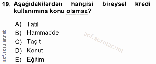 19. soru: Aşağıdakilerden hangisi bireysel kredi kullanımına konu olamaz? A) Tatil B) Hammadde C) Taşıt D) Konut E) Eğitim