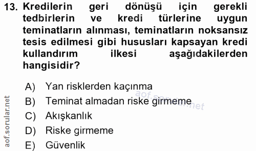 13. soru: Kredilerin geri dönüşü için gerekli tedbirlerin ve kredi türlerine uygun teminatların alınması, teminatların noksansı…