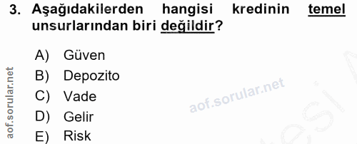 3. soru: Aşağıdakilerden hangisi kredinin temel unsurlarından biri değildir? A) Güven B) Depozito C) Vade D) Gelir E) Risk