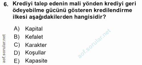 6. soru: Krediyi talep edenin mali yönden krediyi geri ödeyebilme gücünü gösteren kredilendirme ilkesi aşağıdakilerden hangisi…