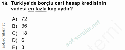18. soru: Türkiye'de borçlu cari hesap kredisinin vadesi en fazla kaç aydır? A) 72 B) 36 C) 18 D) 6 E) 3