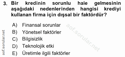 3. soru: Bir kredinin sorunlu hale gelmesinin aşağıdaki nedenlerinden hangisi krediyi kullanan firma için dışsal bir faktördür…