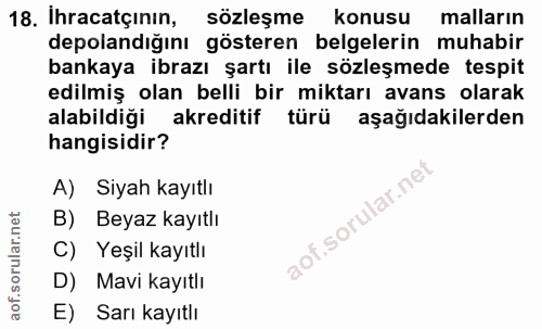 18. soru: Ihracatçinin, sözleşme konusu malların depolandığını gösteren belgelerin muhabir bankaya ibrazı şartı ile sözleşmede…