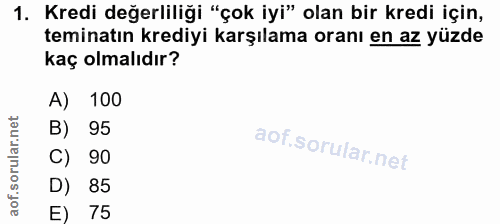 1. soru: Kredi değerliliği "çok iyi" olan bir kredi için, teminatın krediyi karşılama oranı en az yüzde kaç olmalıdır? A) 100…