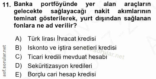 11. soru: Banka portföyünde yer alan araçların gelecekte sağlayacağı nakit akımlarının teminat gösterilerek, yurt dışından sağl…