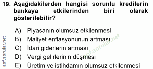 19. soru: Aşağıdakilerden hangisi sorunlu kredilerin bankaya etkilerinden biri olarak gösterilebilir? A) Piyasanın olumsuz etki…