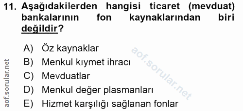 11. soru: Aşağıdakilerden hangisi ticaret (mevduat) bankalarının fon kaynaklarından biri değildir? A) Öz kaynaklar B) Menkul kı…