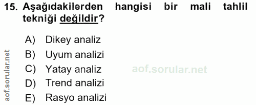 15. soru: Aşağıdakilerden hangisi bir mali tahlil tekniği değildir? A) Dikey analiz B) Uyum analizi C) Yatay analiz D) Trend an…
