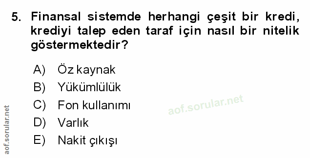 5. soru: Finansal sistemde herhangi çeşit bir kredi, krediyi talep eden taraf için nasıl bir nitelik göstermektedir? A) Özkayn…