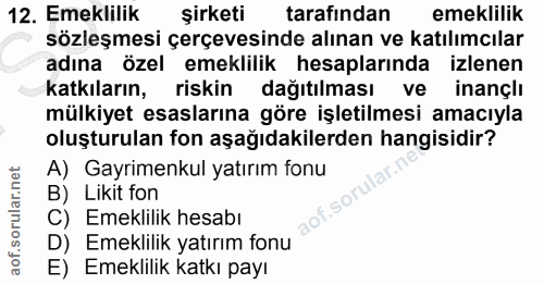12. soru: Emeklilik şirketi tarafindan emeklilik sözleşmesi çerçevesinde alınan ve katılımcılar adına özel emeklilik hesapların…
