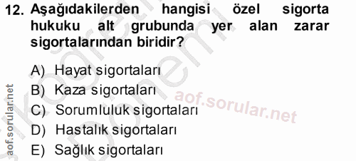 12. soru: Aşağıdakilerden hangisi özel sigorta hukuku alt grubunda yer alan zarar sigortalarından biridir? A) Hayat sigortaları…