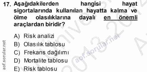 17. soru: Aşağıdakilerden hangisi hayat sigortalarında kullanılan hayatta kalma ve ölme olasılıklarına dayalı en önemli araçlar…