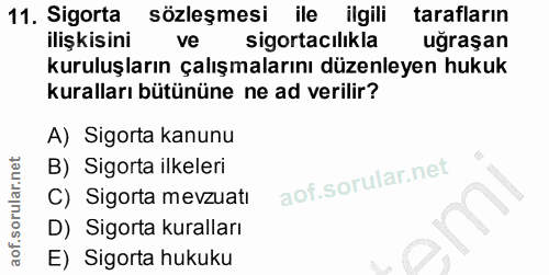 11. soru: Sigorta sözleşmesi ile ilgili tarafların ilişkisini ve sigortacılıkla uğraşan kuruluşların çalışmalarını düzenleyen h…
