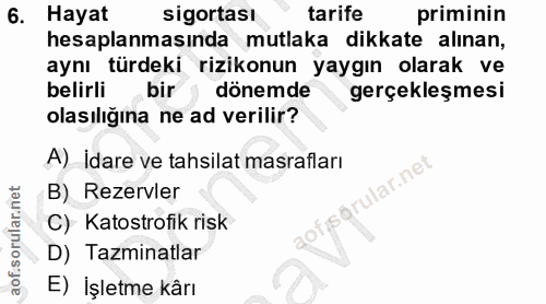 6. soru: Hayat sigortası tarife priminin hesaplanmasında mutlaka dikkate alınan, aynı türdeki rizikonun yaygın olarak ve belir…
