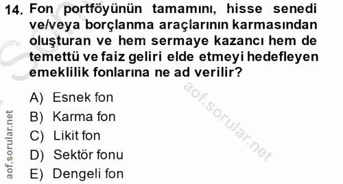 14. soru: Fon portföyünün tamamını, hisse senedi ve/veya borçlanma araçlarının karmasından oluşturan ve hem sermaye kazancı hem…