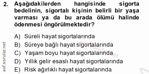2. soru: Aşağıdakilerden hangisinde sigorta bedelinin, sigortalı kişinin belirli bir yaşa varması ya da bu arada ölümü halinde…