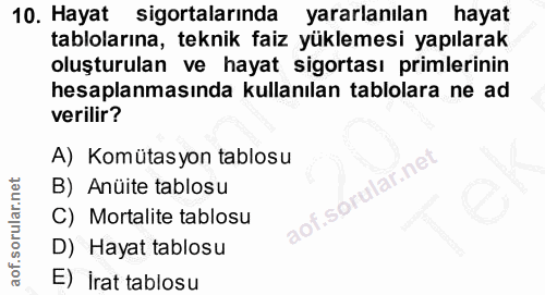 10. soru: Hayat sigortalarında yararlanılan hayat tablolarına, teknik faiz yüklemesi yapılarak oluşturulan ve hayat sigortası p…